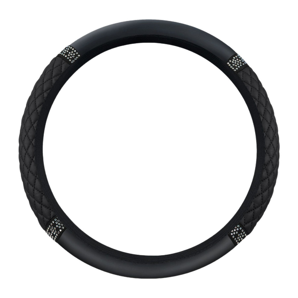Inner Ring-Free Leather Steering Wheel Cover (37-38cm), 3D Embroidered with Diamond Embellishments, Non-Slip & Breathable