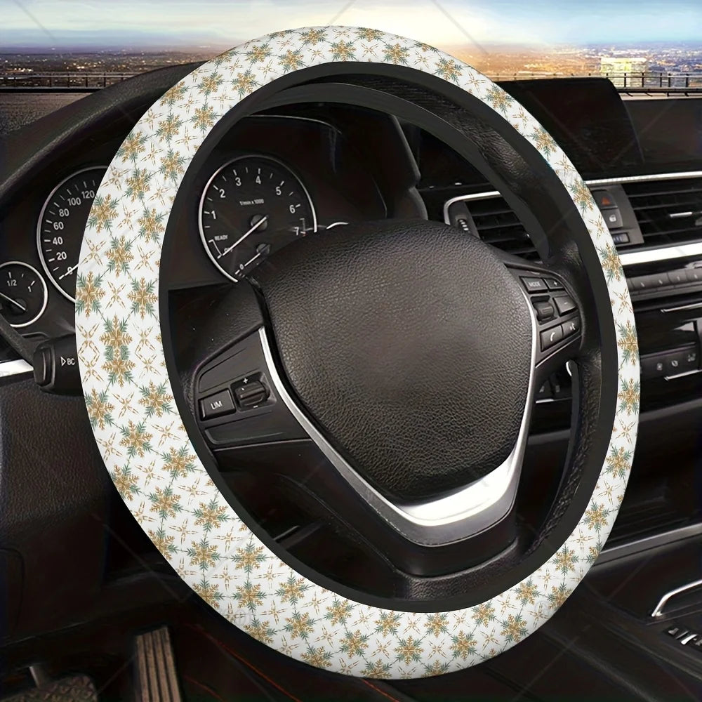 1pc Car Steering Wheel Cover with Elegant Snowflake Pattern Brown Yellow Winter Design Non-Slip Grip, Fit for All Vehicles