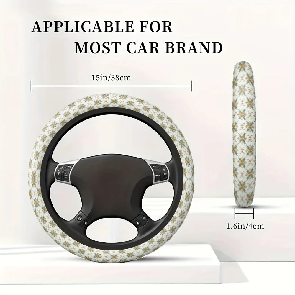 1pc Car Steering Wheel Cover with Elegant Snowflake Pattern Brown Yellow Winter Design Non-Slip Grip, Fit for All Vehicles