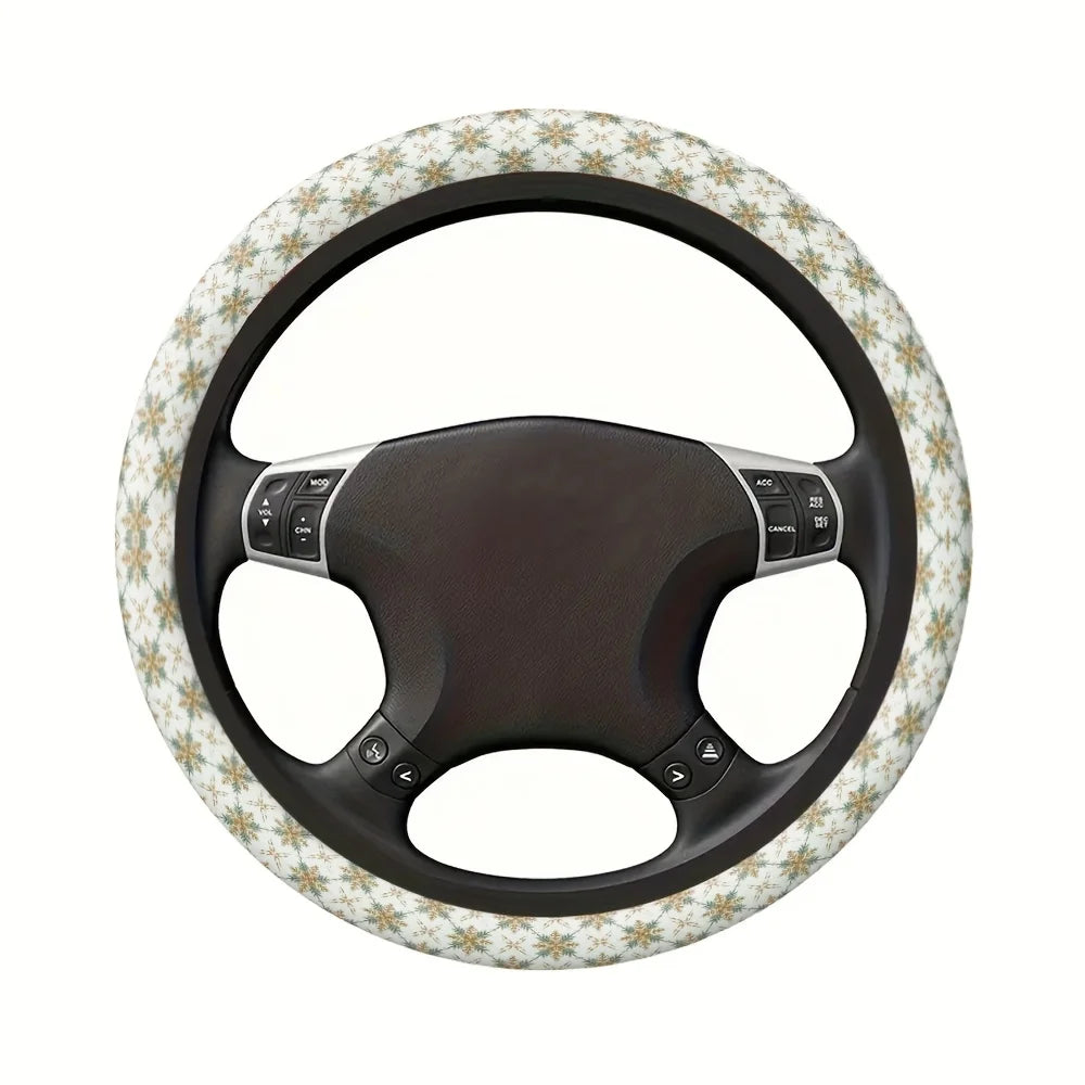 1pc Car Steering Wheel Cover with Elegant Snowflake Pattern Brown Yellow Winter Design Non-Slip Grip, Fit for All Vehicles
