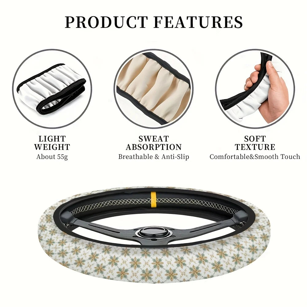 1pc Car Steering Wheel Cover with Elegant Snowflake Pattern Brown Yellow Winter Design Non-Slip Grip, Fit for All Vehicles