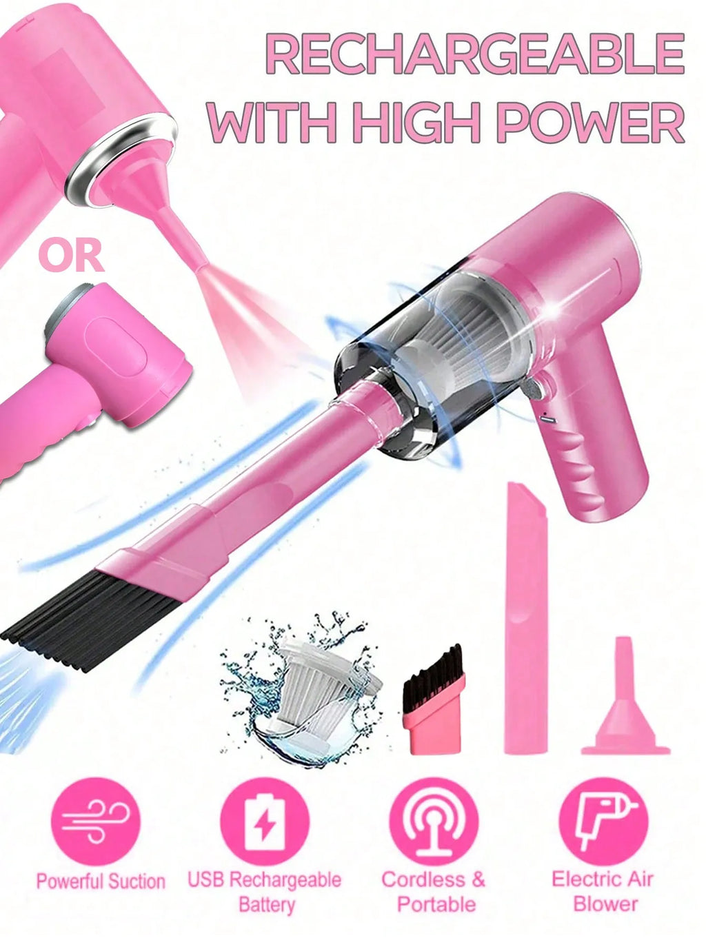 3-in-1 Handheld Vacuum Cleaner with Blower Function, USB Rechargeable Vacuum for Car and Home Use