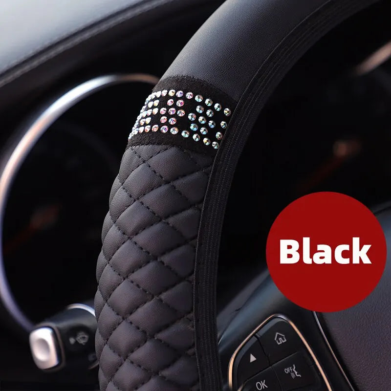 Inner Ring-Free Leather Steering Wheel Cover (37-38cm), 3D Embroidered with Diamond Embellishments, Non-Slip & Breathable