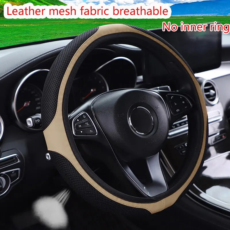 Inner Ring-Free Leather Steering Wheel Cover (37-38cm), 3D Embroidered with Diamond Embellishments, Non-Slip & Breathable