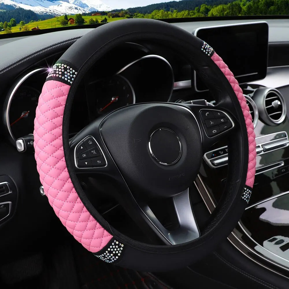 Inner Ring-Free Leather Steering Wheel Cover (37-38cm), 3D Embroidered with Diamond Embellishments, Non-Slip & Breathable