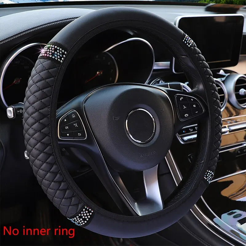 Inner Ring-Free Leather Steering Wheel Cover (37-38cm), 3D Embroidered with Diamond Embellishments, Non-Slip & Breathable