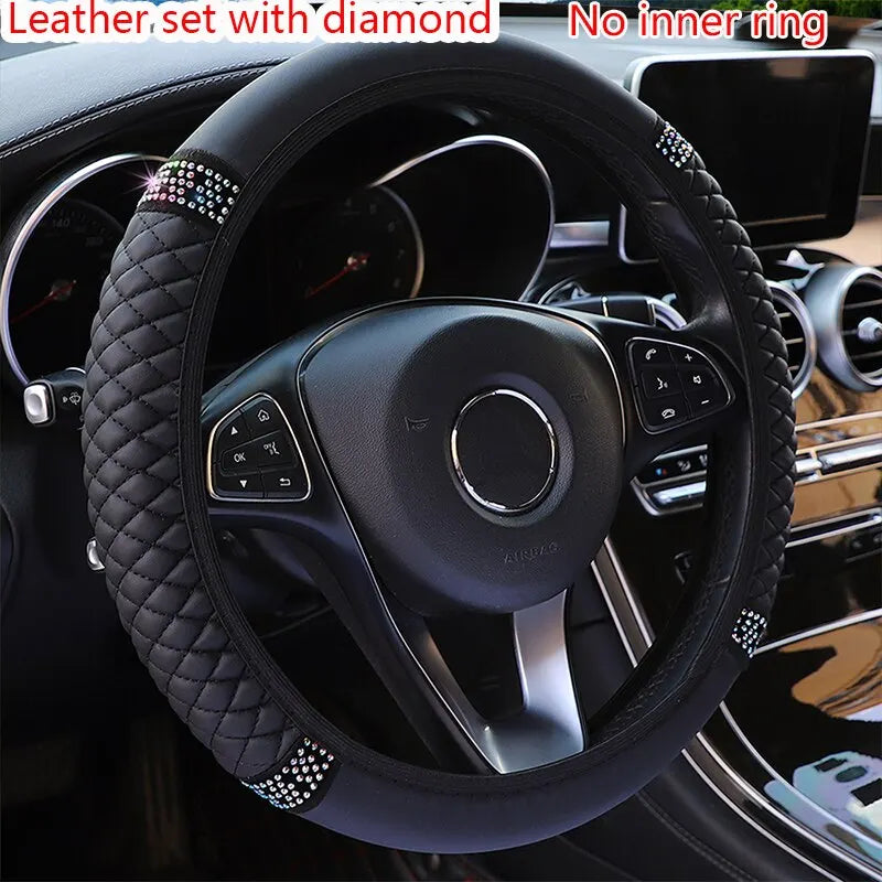 Inner Ring-Free Leather Steering Wheel Cover (37-38cm), 3D Embroidered with Diamond Embellishments, Non-Slip & Breathable