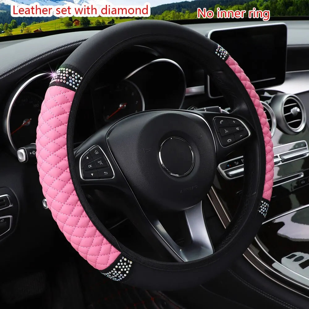 Inner Ring-Free Leather Steering Wheel Cover (37-38cm), 3D Embroidered with Diamond Embellishments, Non-Slip & Breathable