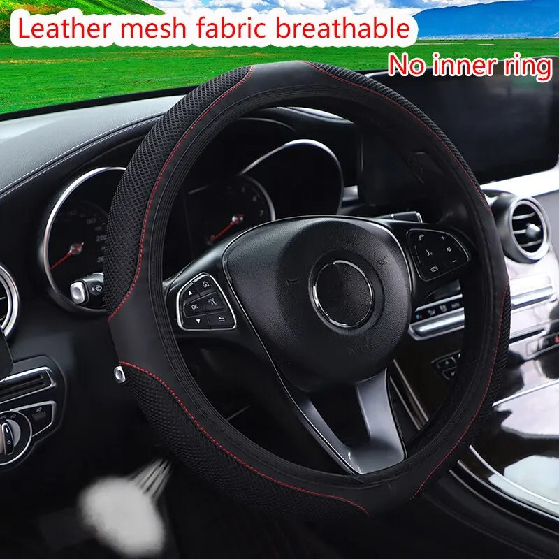 Inner Ring-Free Leather Steering Wheel Cover (37-38cm), 3D Embroidered with Diamond Embellishments, Non-Slip & Breathable