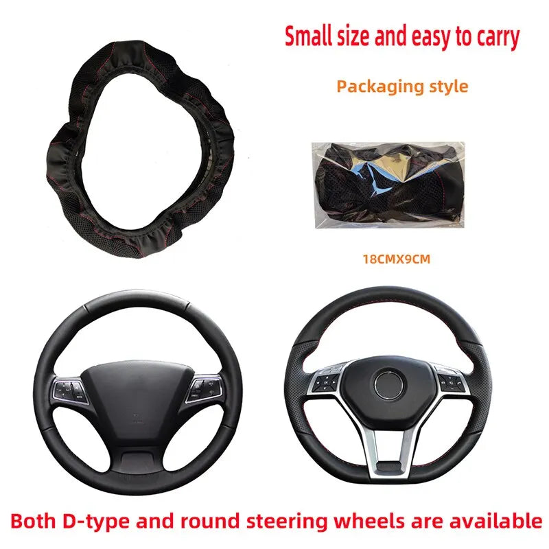 Inner Ring-Free Leather Steering Wheel Cover (37-38cm), 3D Embroidered with Diamond Embellishments, Non-Slip & Breathable