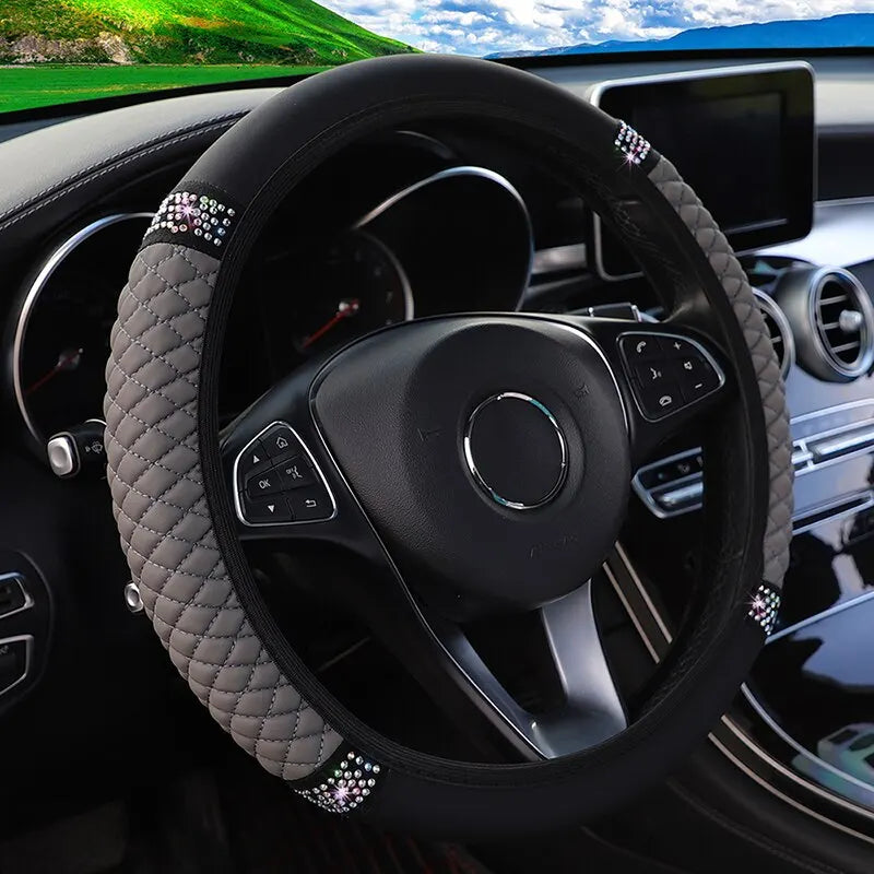 Inner Ring-Free Leather Steering Wheel Cover (37-38cm), 3D Embroidered with Diamond Embellishments, Non-Slip & Breathable