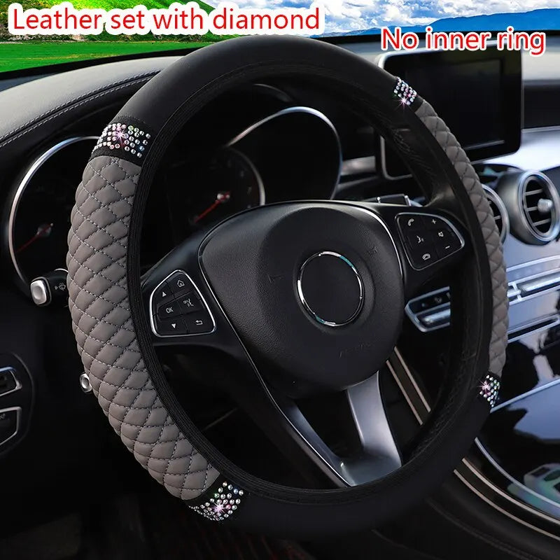 Inner Ring-Free Leather Steering Wheel Cover (37-38cm), 3D Embroidered with Diamond Embellishments, Non-Slip & Breathable