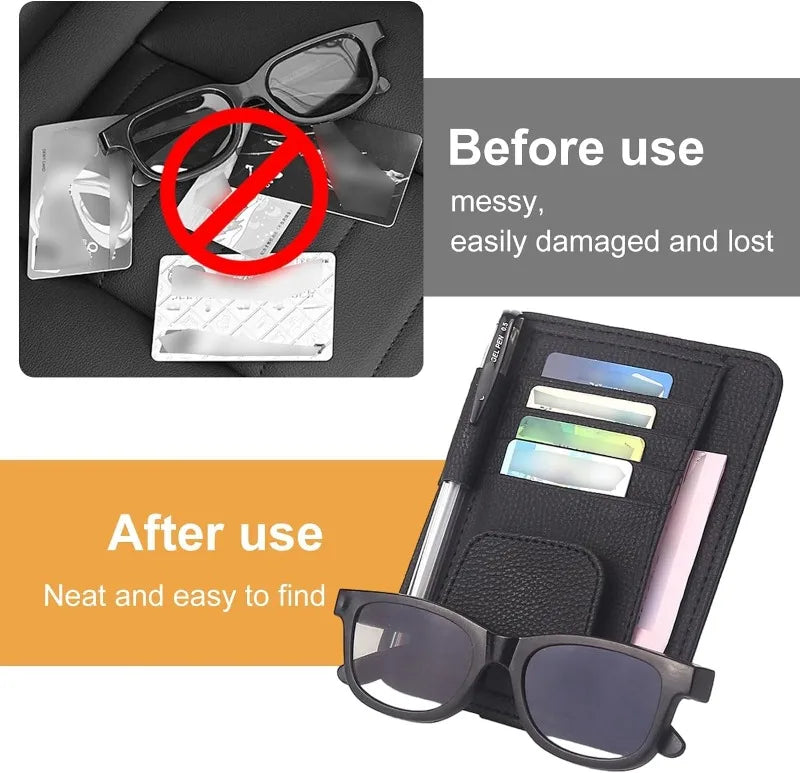 Universal Sun Visor Organizer, Leather Multi-Pocket Storage for Cards, Glasses and Pens