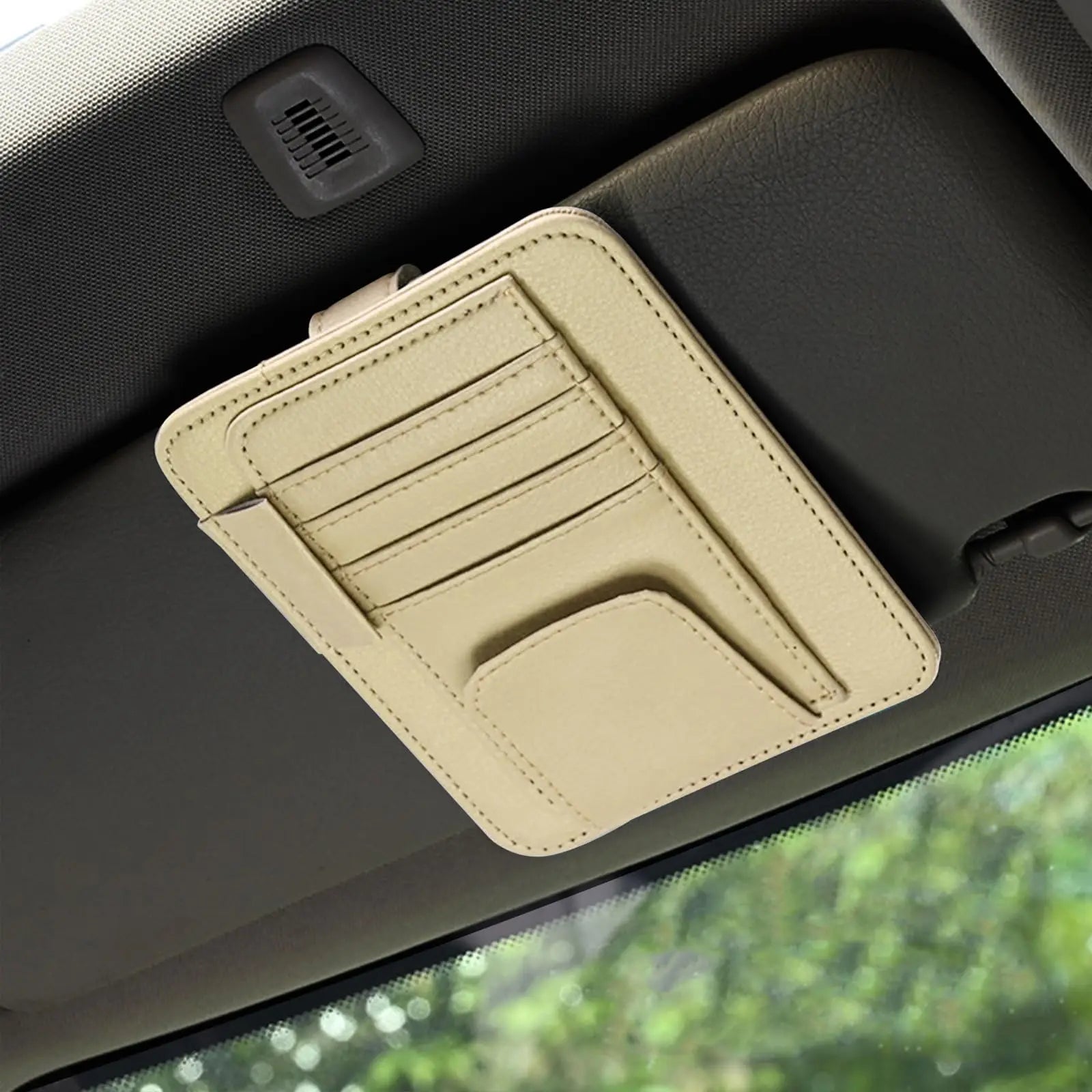 Universal Sun Visor Organizer, Leather Multi-Pocket Storage for Cards, Glasses and Pens