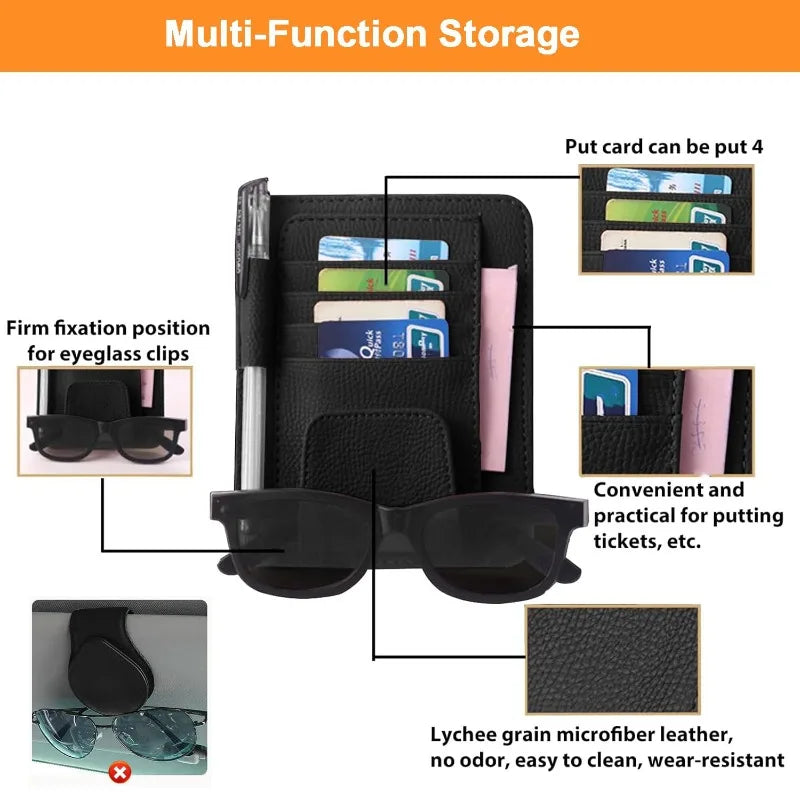 Universal Sun Visor Organizer, Leather Multi-Pocket Storage for Cards, Glasses and Pens