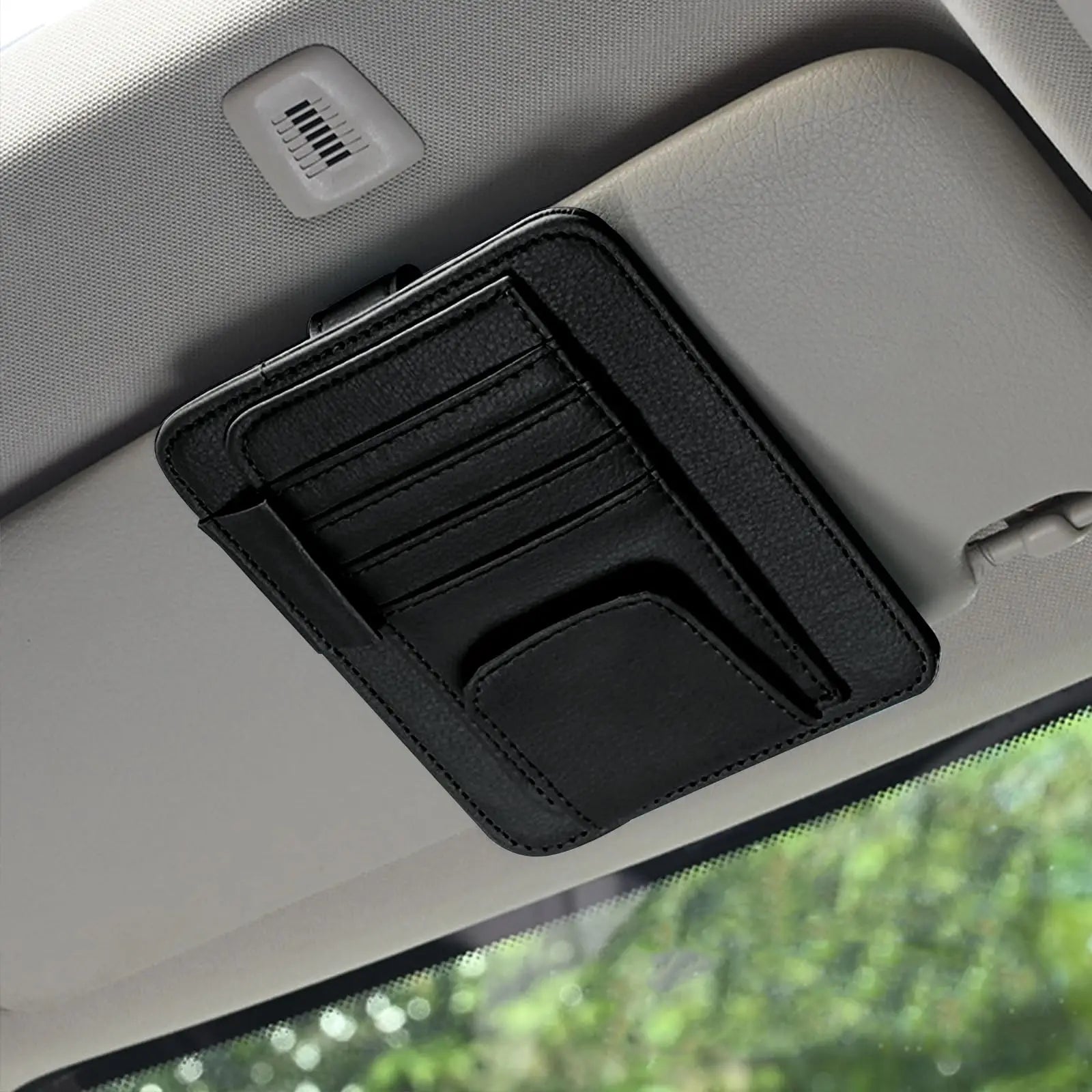 Universal Sun Visor Organizer, Leather Multi-Pocket Storage for Cards, Glasses and Pens