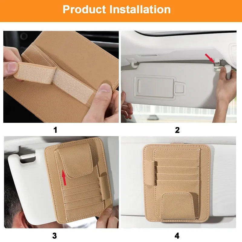 Universal Sun Visor Organizer, Leather Multi-Pocket Storage for Cards, Glasses and Pens