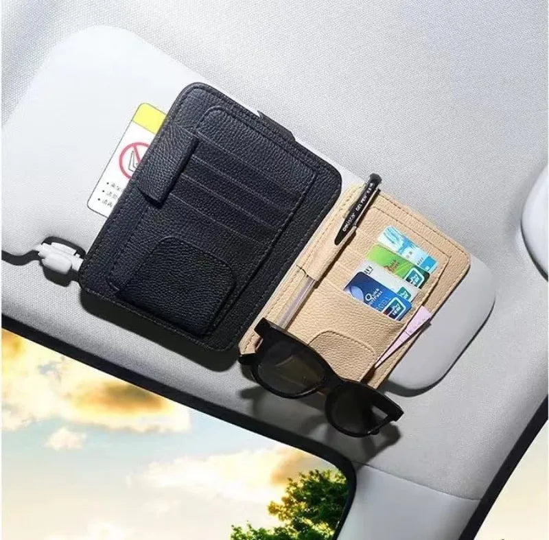 Universal Sun Visor Organizer, Leather Multi-Pocket Storage for Cards, Glasses and Pens