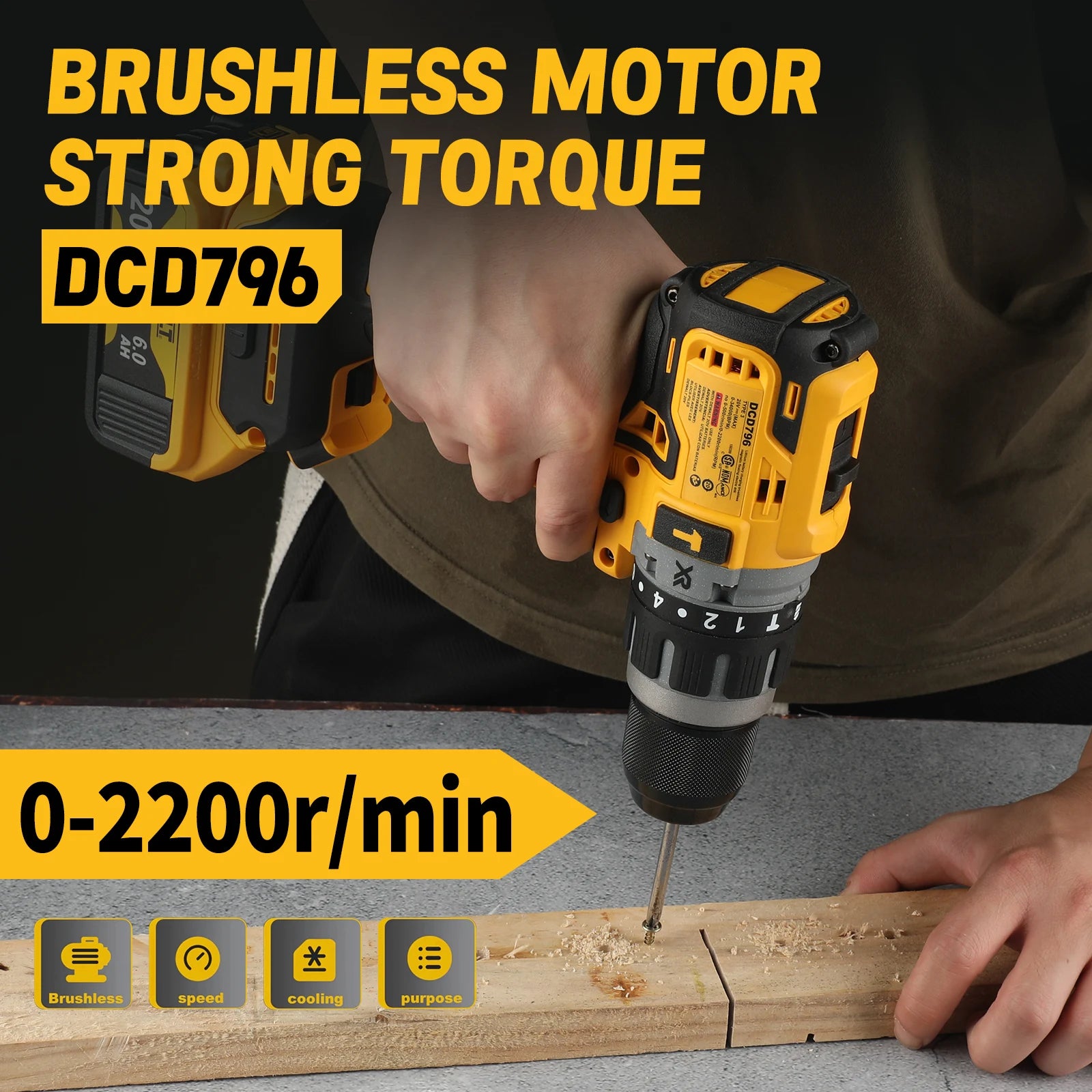 DCD796 20V Brushless Cordless Drill with Ergonomic Design, 14+1 Position Clutch for Precision in Woodworking and DIY Projects