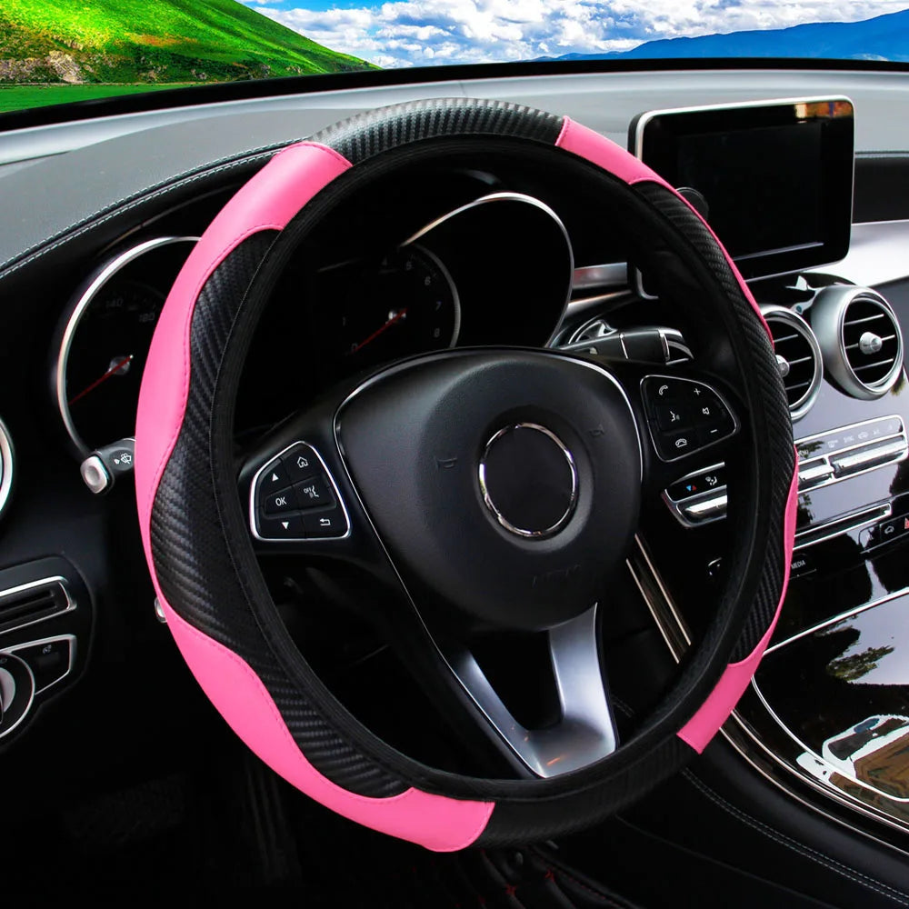 Universal Fit Steering Wheel Cover, Breathable PU Leather with Carbon Fiber Accents for 14.5-15 Inch Wheels, Easy Installation