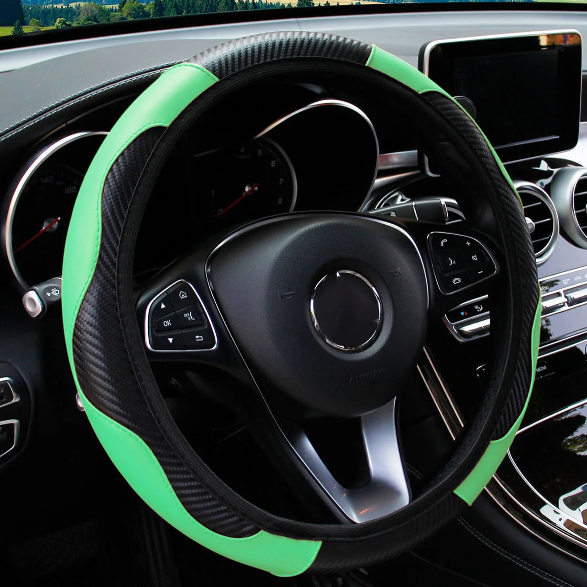 Universal Fit Steering Wheel Cover, Breathable PU Leather with Carbon Fiber Accents for 14.5-15 Inch Wheels, Easy Installation