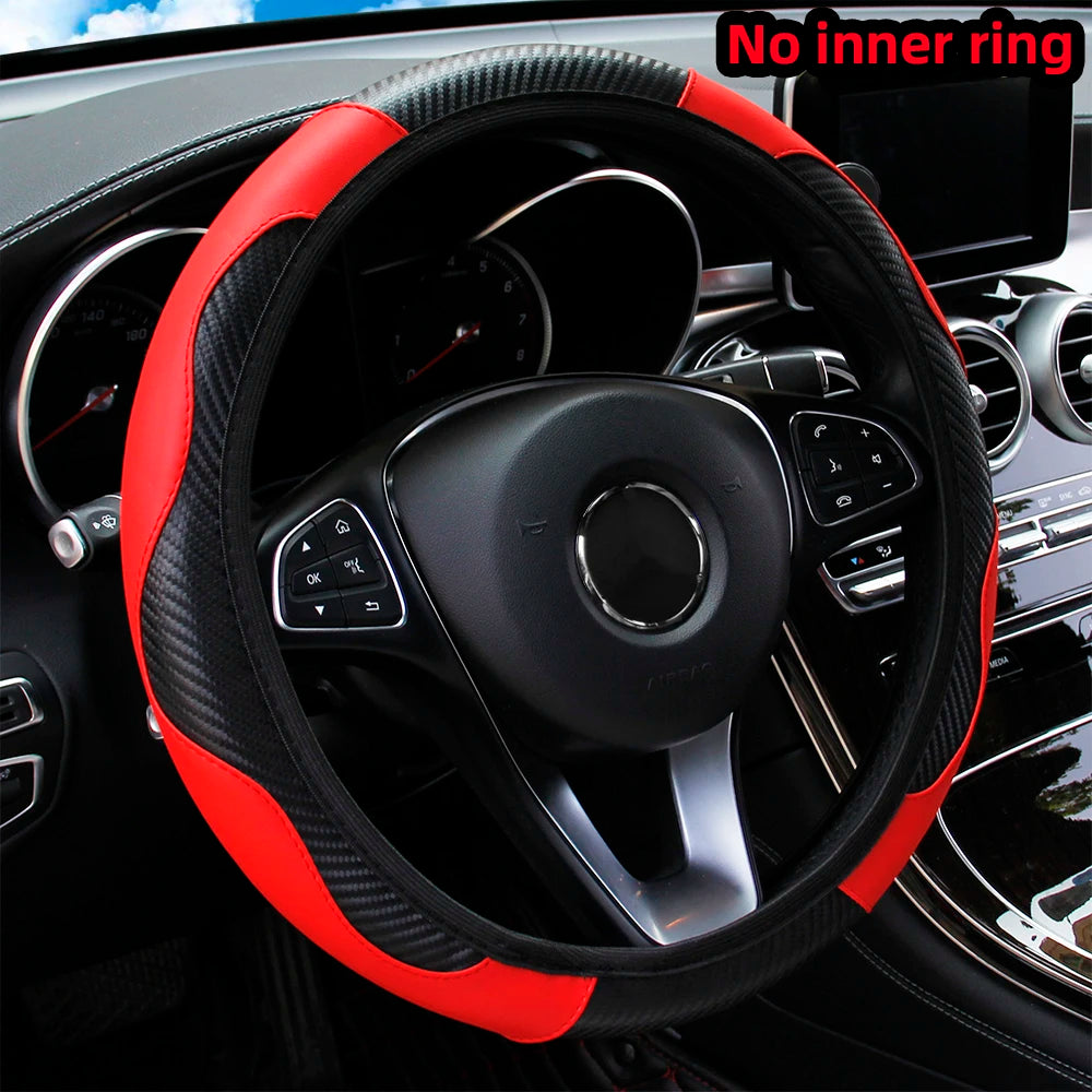 Universal Fit Steering Wheel Cover, Breathable PU Leather with Carbon Fiber Accents for 14.5-15 Inch Wheels, Easy Installation