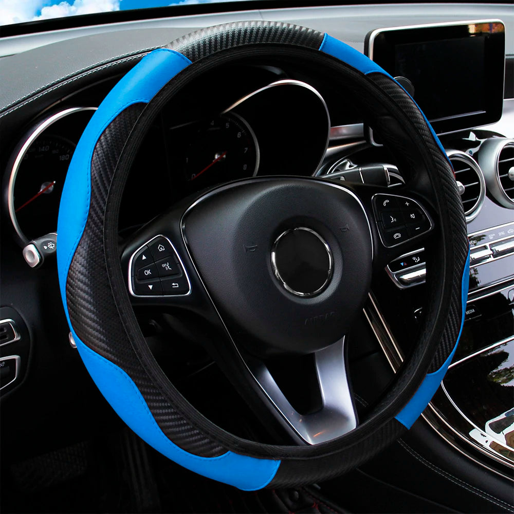 Universal Fit Steering Wheel Cover, Breathable PU Leather with Carbon Fiber Accents for 14.5-15 Inch Wheels, Easy Installation