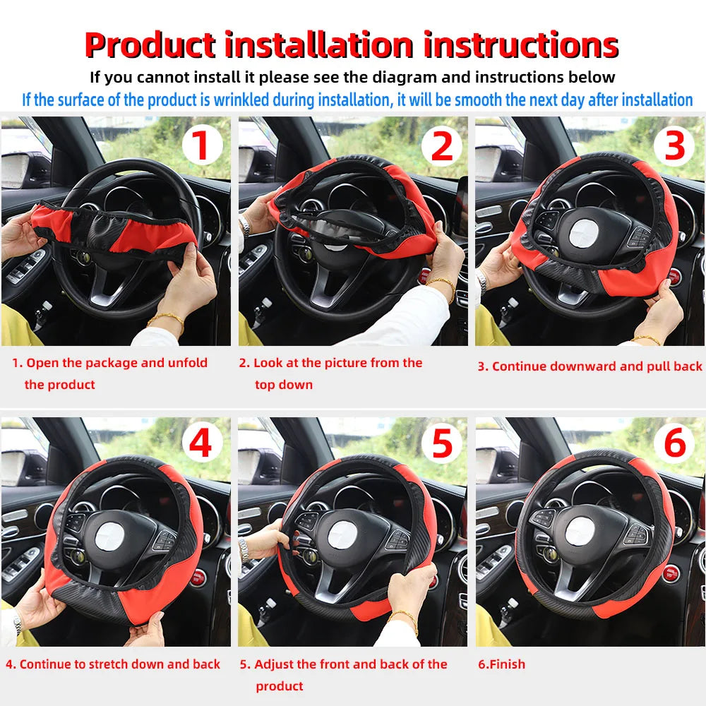 Universal Fit Steering Wheel Cover, Breathable PU Leather with Carbon Fiber Accents for 14.5-15 Inch Wheels, Easy Installation