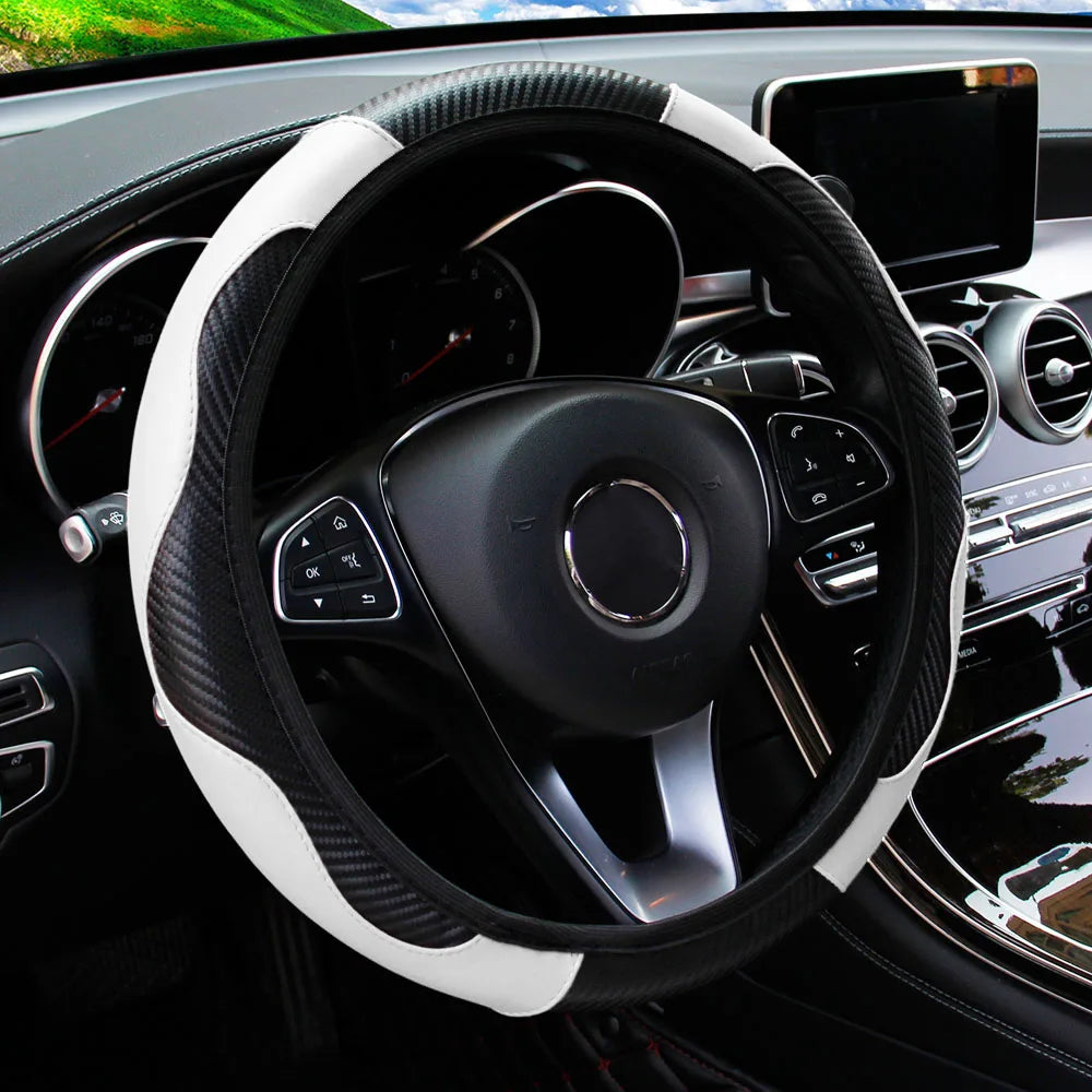 Universal Fit Steering Wheel Cover, Breathable PU Leather with Carbon Fiber Accents for 14.5-15 Inch Wheels, Easy Installation