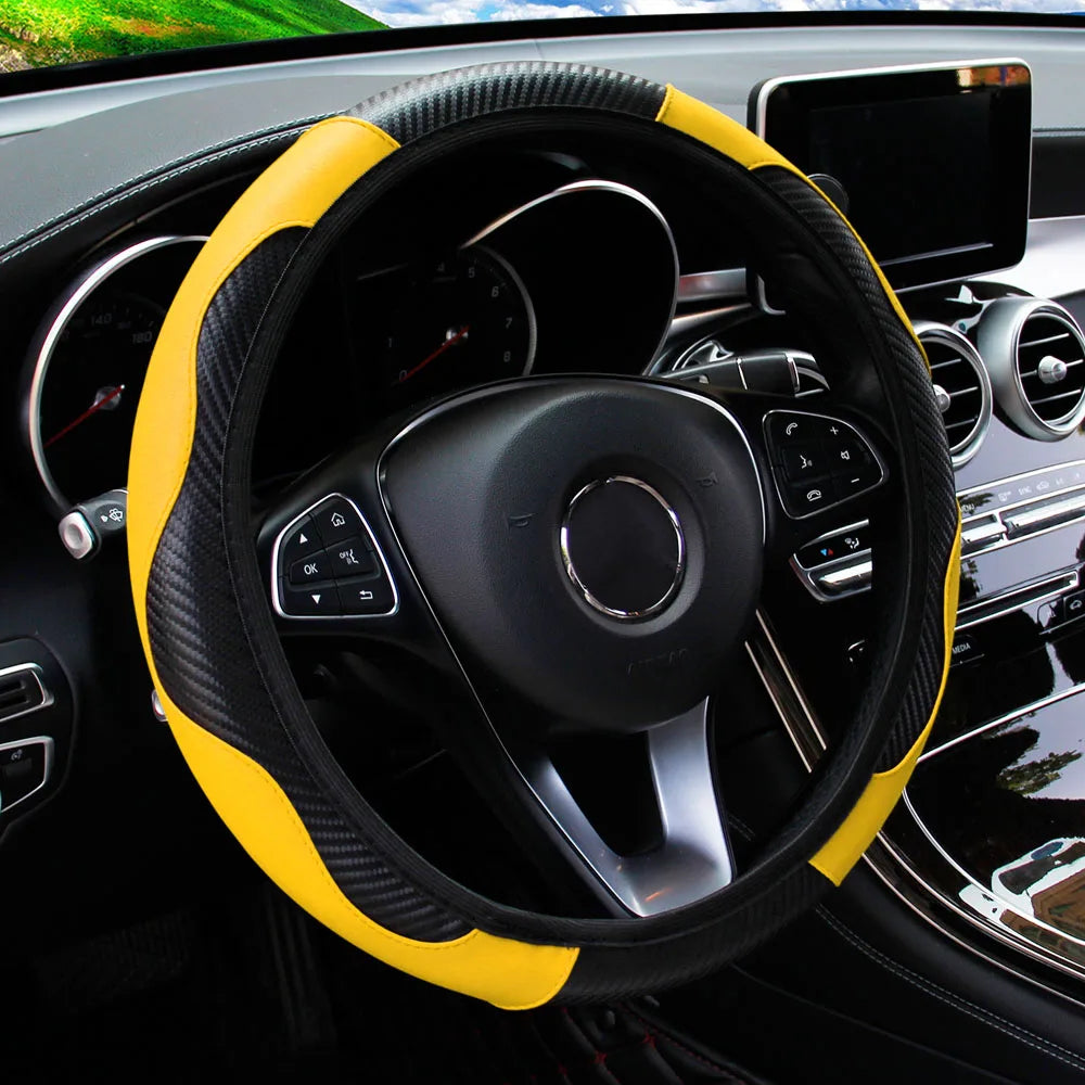 Universal Fit Steering Wheel Cover, Breathable PU Leather with Carbon Fiber Accents for 14.5-15 Inch Wheels, Easy Installation