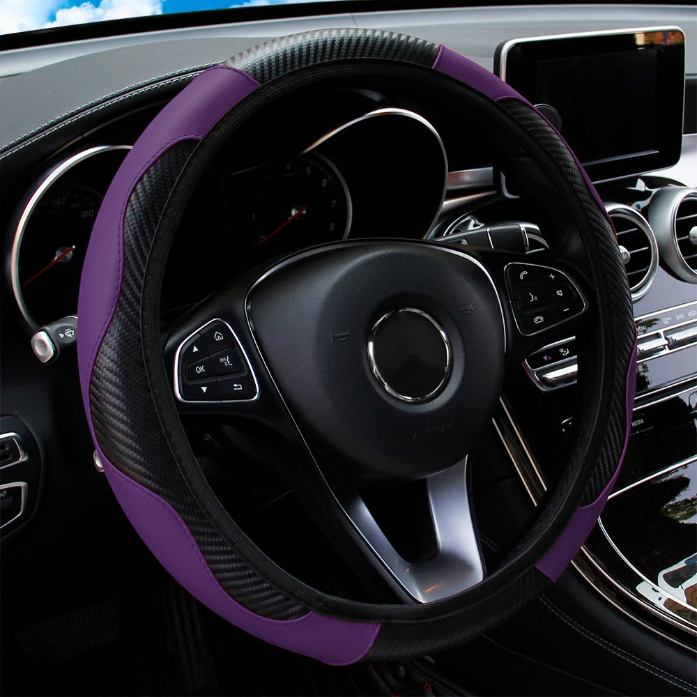 Universal Fit Steering Wheel Cover, Breathable PU Leather with Carbon Fiber Accents for 14.5-15 Inch Wheels, Easy Installation
