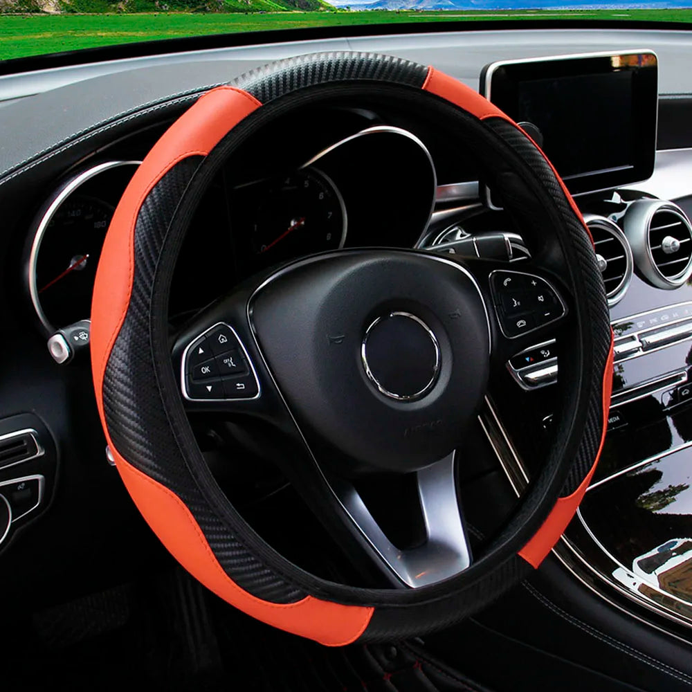 Universal Fit Steering Wheel Cover, Breathable PU Leather with Carbon Fiber Accents for 14.5-15 Inch Wheels, Easy Installation