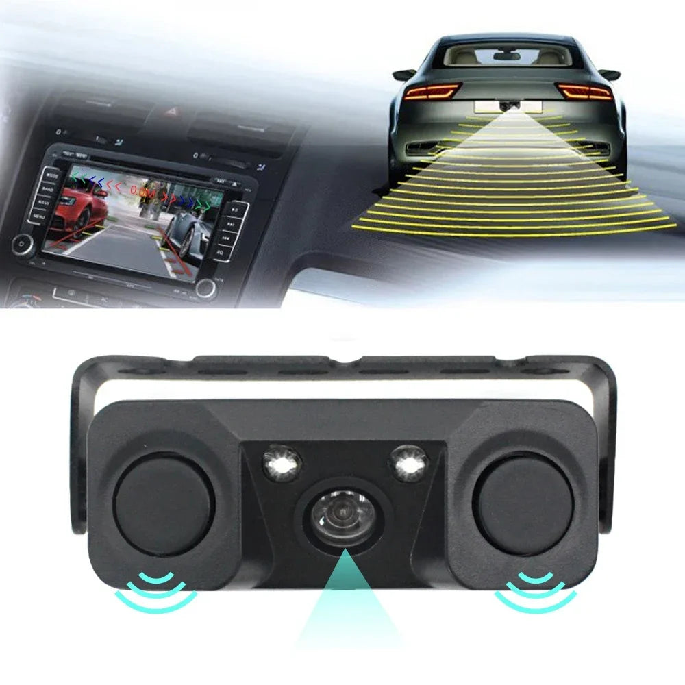 Queender HD Car Rear View Camera 3 in 1 Parking Radar Detector Sensor LED Night Vision Reverse Camera Waterproof
