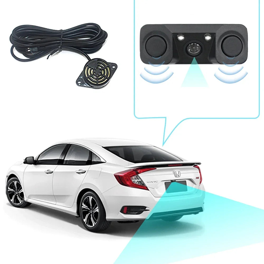 Queender HD Car Rear View Camera 3 in 1 Parking Radar Detector Sensor LED Night Vision Reverse Camera Waterproof