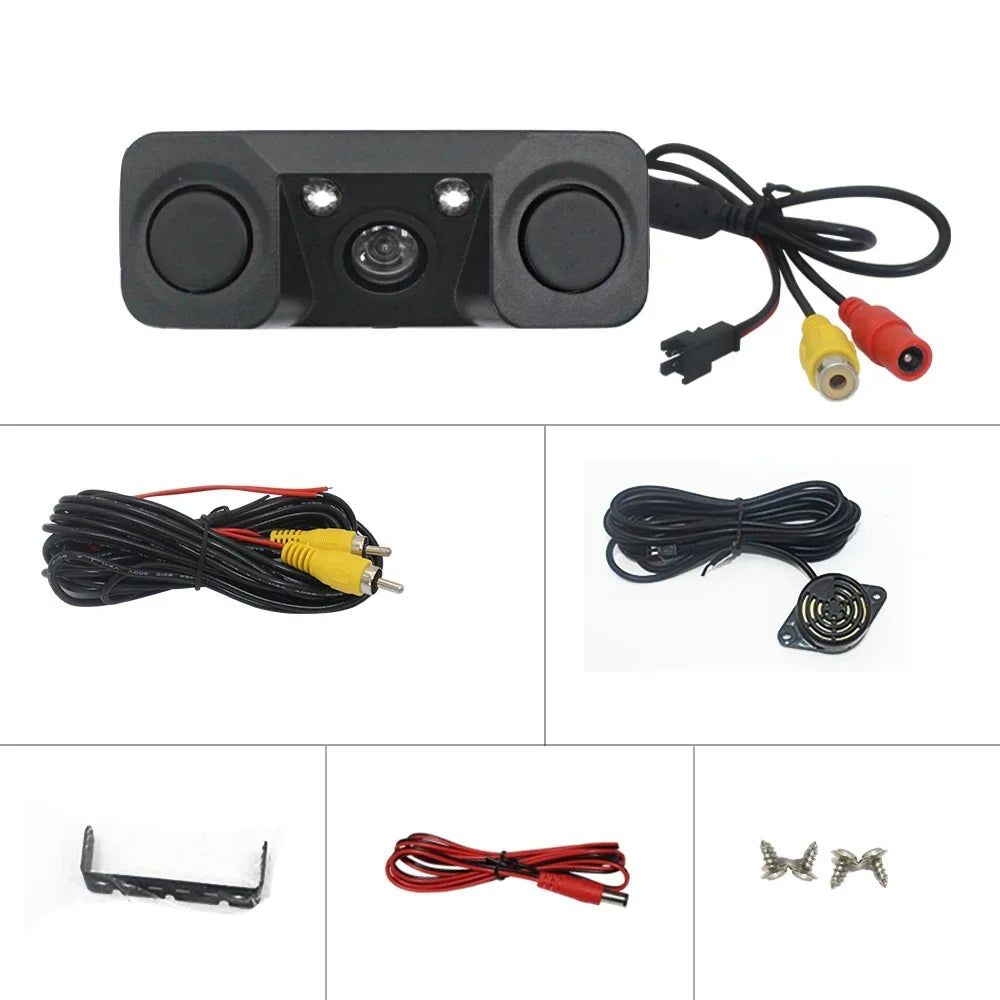 Queender HD Car Rear View Camera 3 in 1 Parking Radar Detector Sensor LED Night Vision Reverse Camera Waterproof