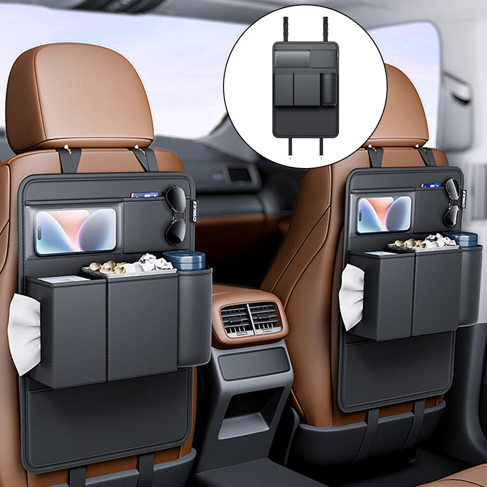 Multifunctional Car Backseat Organizer with Tablet Holder, PU Leather Kick Mat with Multiple Pockets